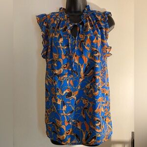 Floral Ruffle Sleeve Women's Top - Blue and Orange